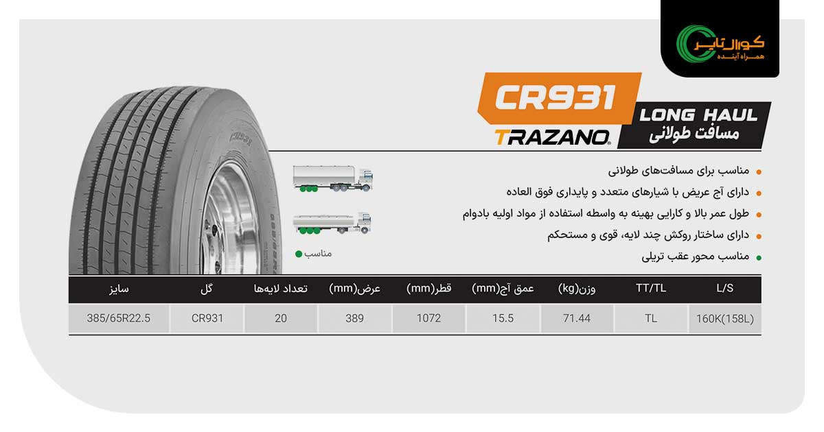 لاستیک ترازانو آج CR931 سایز 385/65R22.5-20PR 3