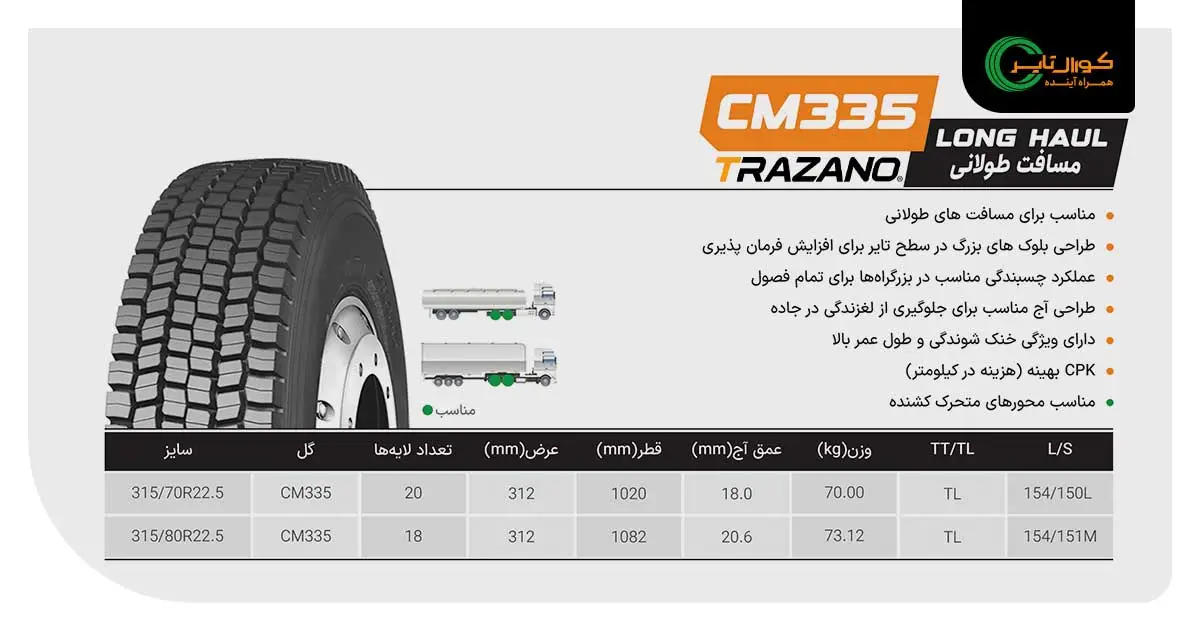 لاستیک ترازانو آج CM335 سایز 315/80R22.5-18PR 2