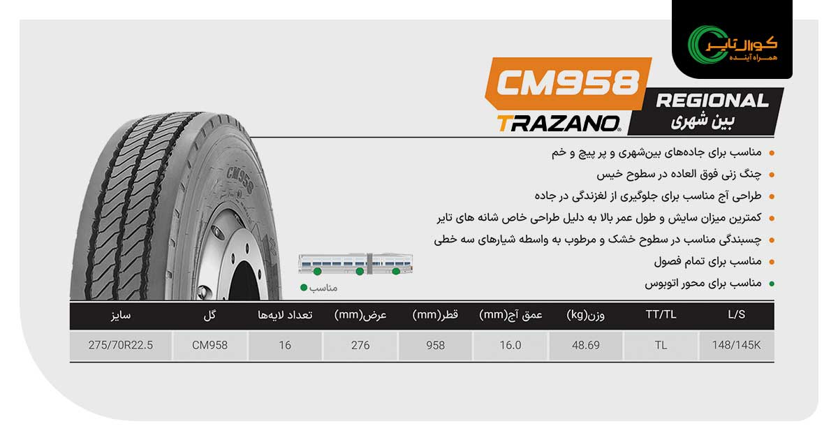 لاستیک ترازانو CM958 سایز 275/70R22.5-16PR